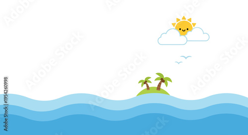 Island Paradise Vector Illustration, Flat Design, Tropical Scene, Summer Vacation Concept