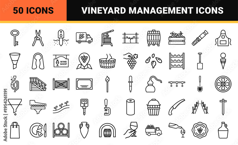 Obraz premium Viticulture and Enology Ultra-Minimalist Monoline Icons. Geometric Line Art Set for Vineyard Management, Winemaking, and Wine Tasting Utility.