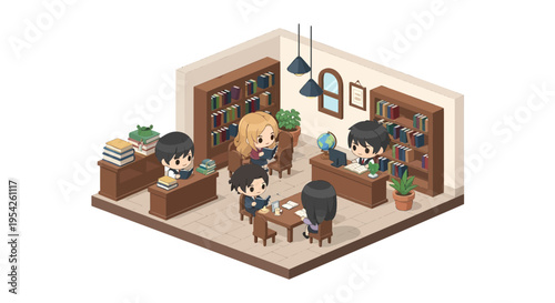 Isometric view illustration of a library setting featuring cartoon-styled students actively