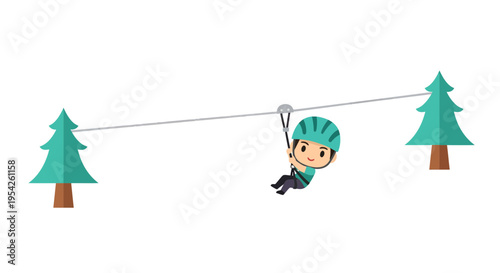 Joyful cartoon character having a thrilling experience zip-lining between trees