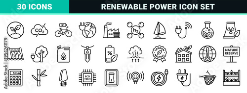 Sustainable Green Energy and Eco Technology Ultra-Minimalist Geometric Line Art Symbols for Renewable Power Infrastructure Interface Design