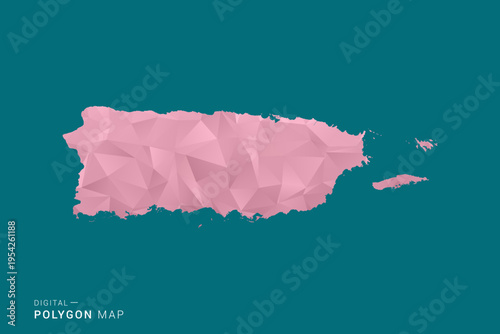 Puerto Rico polygon map vector illustration in low poly geometric style, soft pastel colors with pink and teal green tones, clean silhouette on solid background, ideal for infographic.