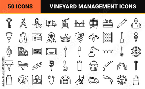 Viticulture and Enology Ultra-Minimalist Monoline Icons. Geometric Line Art Set for Vineyard Management, Winemaking, and Wine Tasting Utility.