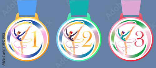 Set of gold gymnastics kids sport medals templates with colorful ribbons. 