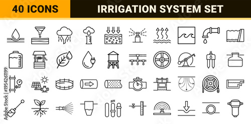 Hydrogeology and Water Cycle Research Icon Set. Professional Minimalist Black Outline Vector Symbols for Groundwater, Irrigation, and Meteorology.