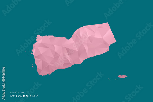 Yemen polygon map vector illustration in low poly geometric style, soft pastel colors with pink and teal green tones, clean silhouette on solid background, ideal for infographic.