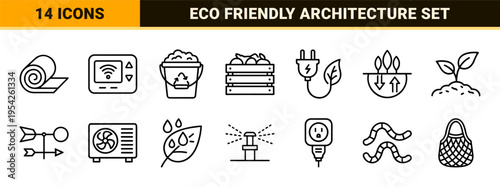 Sustainable Living and Green Architecture Minimalist Monoline Icon Set for Eco-Friendly Real Estate and Energy Conservation Branding