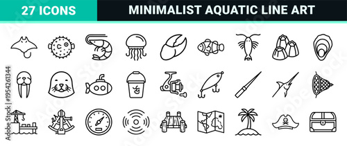 Marine Life and Aquatic Species Ultra-Minimalist Monoline Icon Set featuring Geometric Line Art Symbols for Oceanography Design