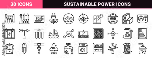Green Energy and Sustainable Technology Ultra-Minimalist Monoline Vector Icons for Eco-Friendly Infrastructure and Renewable Power Systems
