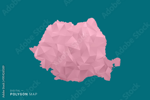 Romania polygon map vector illustration in low poly geometric style, soft pastel colors with pink and teal green tones, clean silhouette on solid background, ideal for infographic.