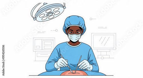 A surgeon in a blue scrubs and mask performing surgery in a modern operating room