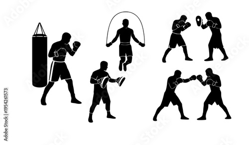 Boxing workout silhouettes vector combat sport training icon set