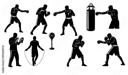 Boxing training silhouettes vector fighters coach punching bag exercise set