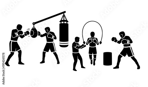 Boxing gym training pictogram silhouettes vector combat sport icon set