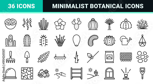 Botanical Succulent and Desert Flora Line Art: Ultra-minimalist Monoline Geometric Outline Icon Set for Xerophytic Plant Horticulture Design