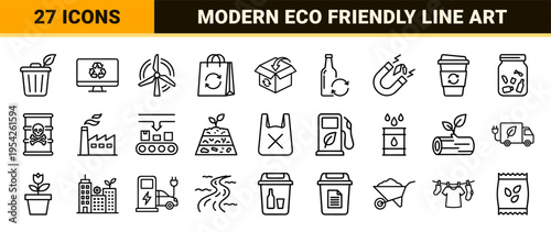 Sustainable Waste Management and Circular Economy Ultra-Minimalist Monoline Geometric Outline Symbols for Professional Environmental Branding