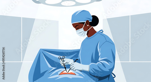 A female surgeon in blue scrubs performing surgery in a modern operating room