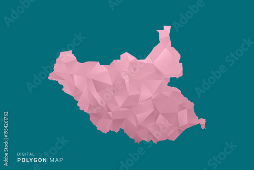 South Sudan polygon map vector illustration in low poly geometric style, soft pastel colors with pink and teal green tones, clean silhouette on solid background, ideal for infographic.