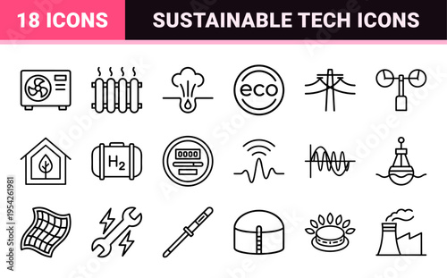 Sustainable Energy and Green Technology Ultra-Minimalist Monoline Icons featuring Solar Panels Wind Turbines and Electric Vehicle Infrastructure