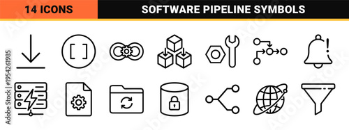 DevOps and Continuous Integration Monoline Icon Set featuring Ultra-Minimalist Geometric Symbols for Software Engineering and Automation.