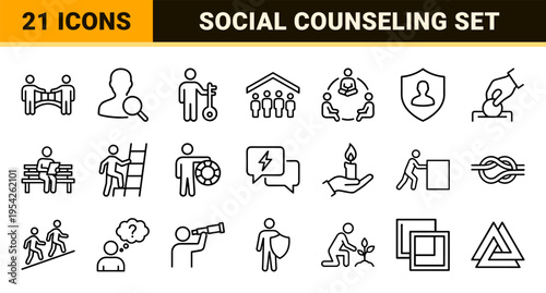 Ultra-minimalist Monoline Community and Counseling Icon Set Featuring Geometric Line Art for Social Support, Therapy, and Non-profit Communication.