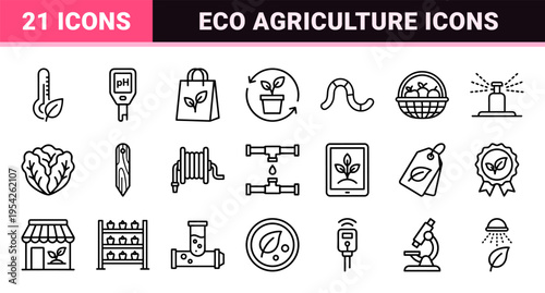Sustainable Agriculture and Eco Growth Ultra-Minimalist Monoline Icons. Geometric Outline Symbols for Gardening and Circular Ecology Design.