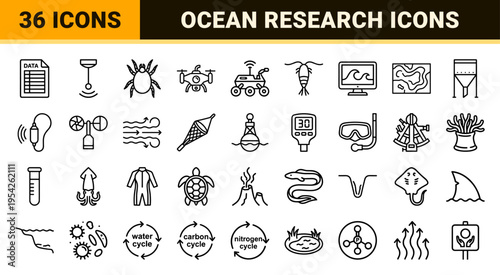 Marine Biology and Oceanography Research Icon Set featuring Ultra-Minimalist Geometric Line Art for Science and Maritime Technology Interfaces.