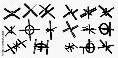 Set of various black helicopter and drone icons on a transparent background, depicting different angles and configurations of flying vehicles.