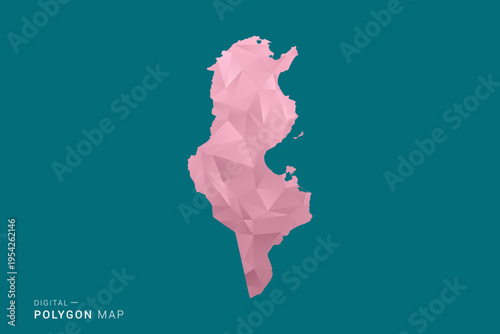 Tunisia polygon map vector illustration in low poly geometric style, soft pastel colors with pink and teal green tones, clean silhouette on solid background, ideal for infographic.