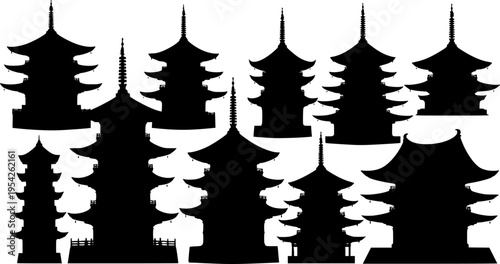 Collection of Green Silhouettes of Traditional Asian Pagoda Buildings
