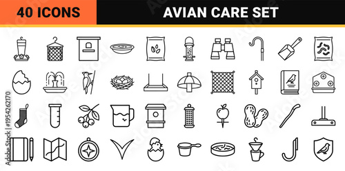 Backyard Birding and Avian Care Icon Set featuring Ultra-Minimalist Monoline Geometric Outlines for Professional Wildlife Web Design and Apps