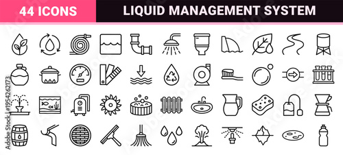 Sustainable Water Management and Liquid Recycling Systems Ultra-Minimalist Monoline Geometric Outline Icon Set for Environmental Utility Design