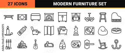 Living Room Interior and Furniture Ultra-Minimalist Monoline Icons for Modern Architectural Floor Plans and UI Design