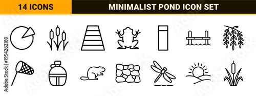 Ultra-Minimalist Monoline Lake and Pond Nature Icons Featuring Geometric Line Art for Environmental Signage and Modern Digital Interface Design