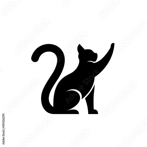 Minimalist Black Cat Silhouette with Raised Paw Vector Icon