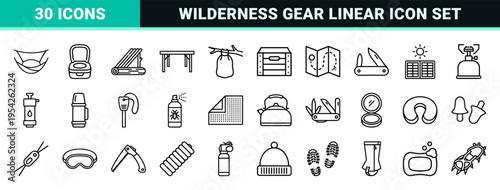 Wilderness Camping and Outdoor Adventure Ultra-Minimalist Monoline Icon Set Featuring Geometric Line Art Symbols for Hiking and Scouting