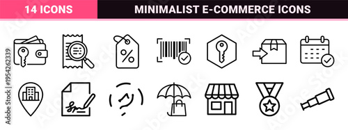Secure E-commerce and Consumer Protection Monoline Icon Set featuring Ultra-minimalist Geometric Symbols for Trusted Retail and Logistics