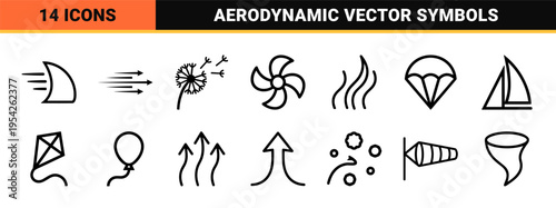 Aerodynamic Motion and Airflow Physics Icon Set featuring Ultra-Minimalist Monoline Wind Symbols for Technical Engineering and Weather Data.