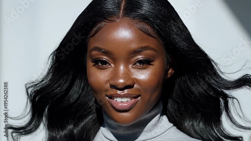 Beautiful Black Woman With Glowing Skin and Wavy Hair Smiling Gently in Studio Portrait