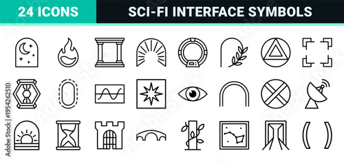 Mystical Portal and Futuristic Gateway Ultra-Minimalist Geometric Outline Icon Set for Sci-Fi Interface and Gaming App UI Design