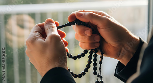 A person's hands gently hold and methodically count black prayer beads, known as tasbih or misbaha, reflecting a moment of quiet contemplation, spiritual focus, and devout prayer in a personal religio