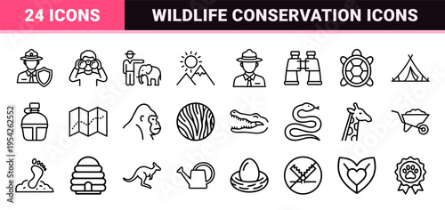 Wildlife Conservation and Safari Education Symbols Featuring Park Rangers, Animal Welfare, and Nature Preservation in Geometric Monoline Style.
