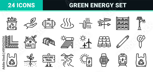 Sustainable Renewable Energy and Eco Technology Ultra-Minimalist Monoline Icon Set for Green Business Infrastructure and Environment Design
