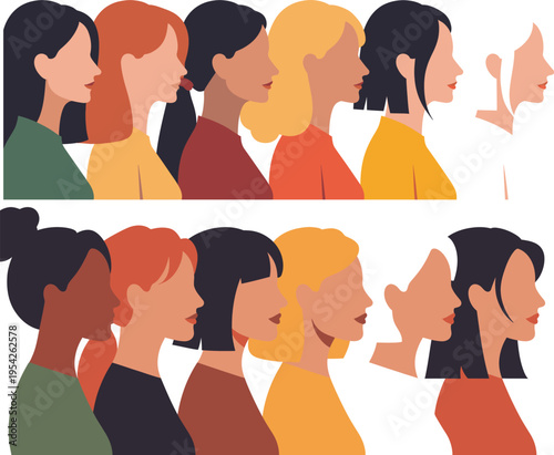 International women's day illustration set with diverse women celebrating empowerment and equality in a colorful flat design