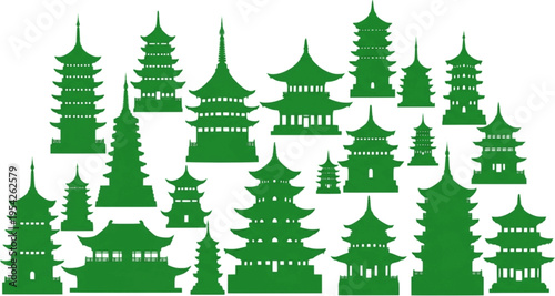 Collection of Green Silhouettes of Traditional Asian Pagoda Buildings
