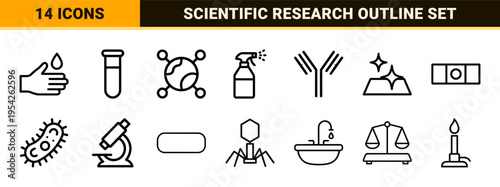 Antiviral Protection and Microbiology Research Line Icons; Ultra-Minimalist Geometric Vector Symbols for Healthcare and Laboratory Science.
