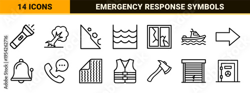 Natural Disaster and Emergency Response Ultra-Minimalist Monoline Icons for Environmental Hazards Safety and Crisis Management Graphic Design
