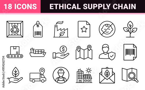 Ethical Supply Chain and Sustainable Manufacturing Icon Set featuring Ultra-Minimalist Monoline Symbols for Green Logistics and Industrial Trade.