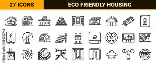 Sustainable Residential Architecture and Solar Energy Integration Ultra-Minimalist Monoline Geometric Line Art Icon Set for Eco-Friendly Living