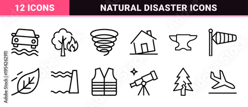 Extreme Weather Hazards and Natural Disaster Mitigation Ultra-Minimalist Monoline Icon Set for Emergency Response and Meteorological Analysis
